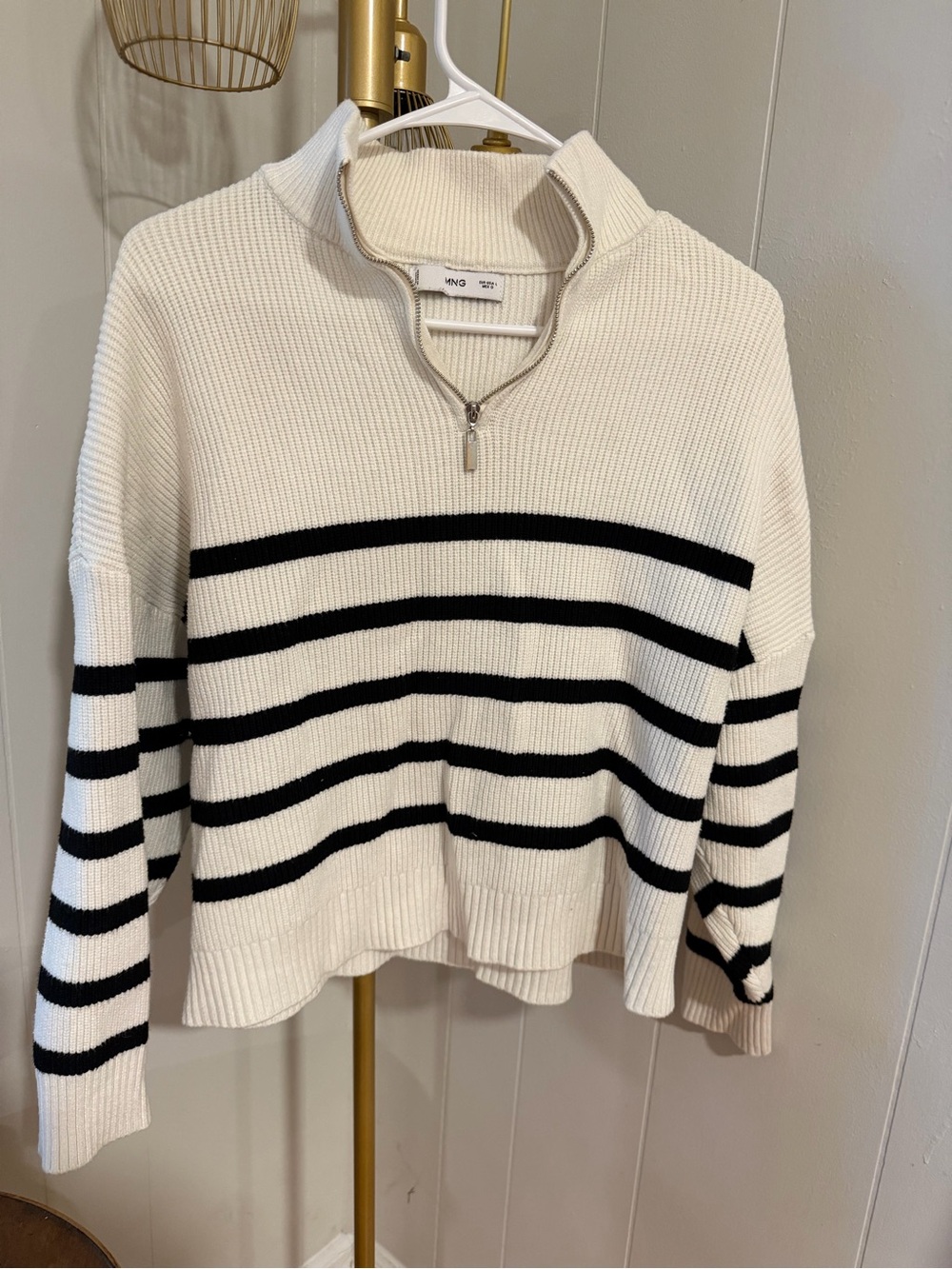Mango MNG Striped Knit Quarter Zip Mock Neck Sweater L